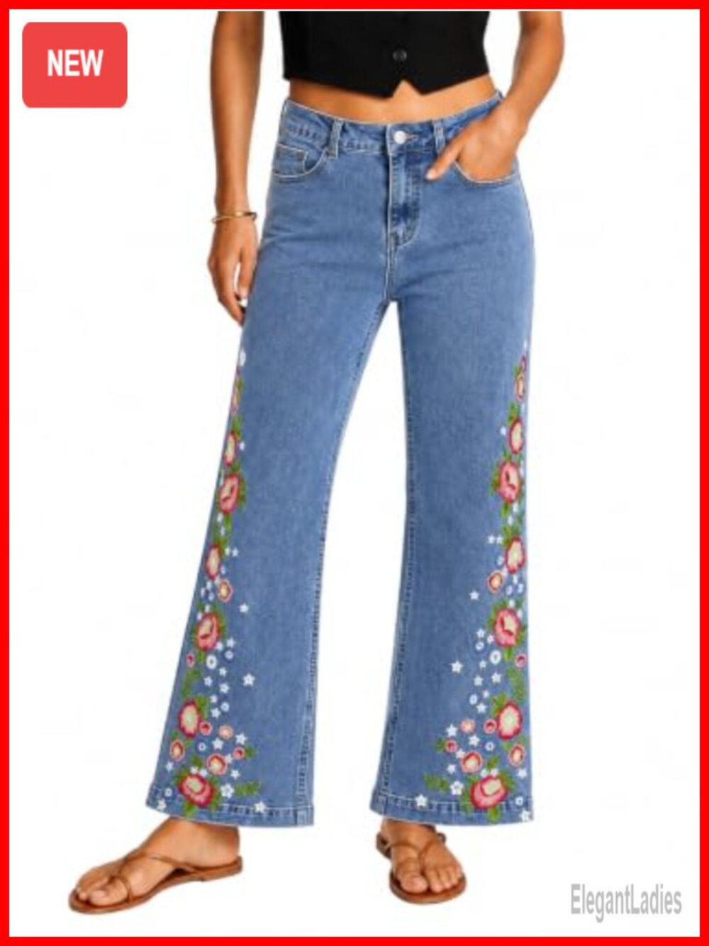 Embroidered Flare Jeans Mid Rise Stretchy Wide Leg Boho Denim Pants